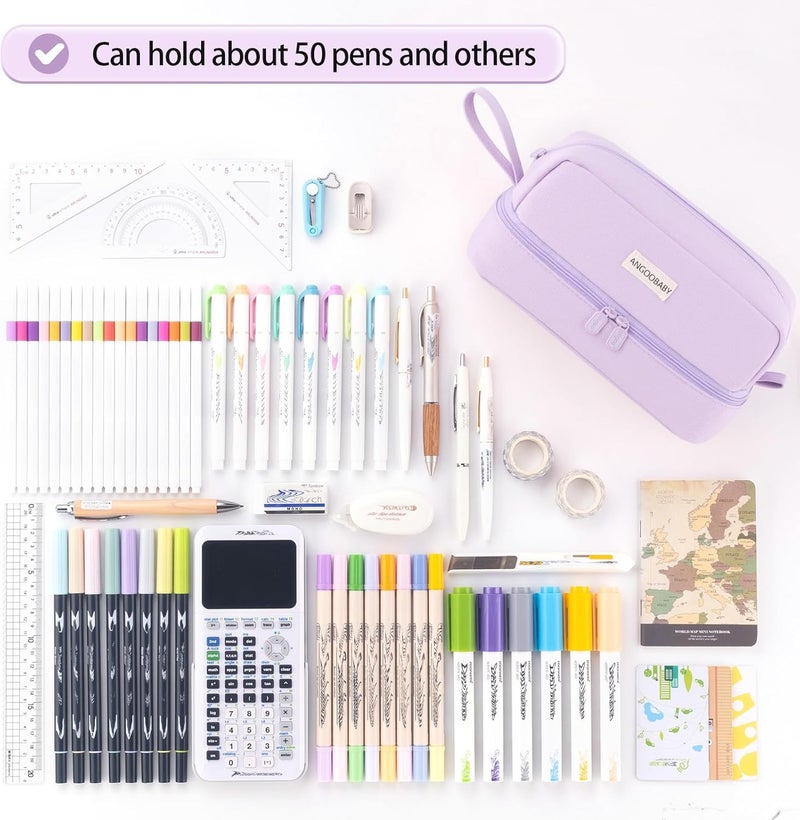 ANGOOBABY Big Capacity Large Pencil Case Canvas Pen Pouch Bag with 2 Compartments for Girls Boys Teen School Students Adults - Purple - Image 4